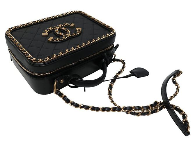 SAC A MAIN CHANEL VANITY LOGO CC CHAINE CUIR NOIR BANDOULIERE BLACK HANBAG - vue 6