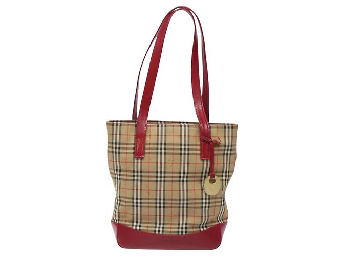 Borsa tote in tela Burberry Nova Check rossa beige oro Auth 126393 - vista 13
