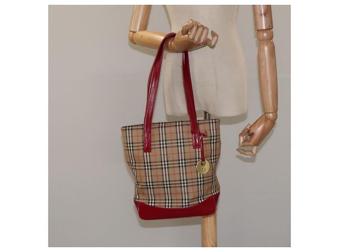 Borsa tote in tela Burberry Nova Check rossa beige oro Auth 126393 - vista 20