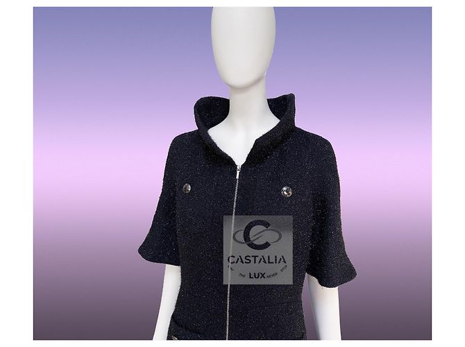 Chanel Futuristisches schwarzes schimmerndes Tweed-Jackenkleid 36 FR - Ansicht 2