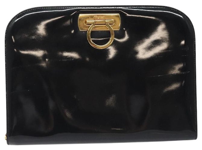 Borsa a spalla Gancini Chain di Salvatore Ferragamo in vernice nera e oro Auth 128138 Nero D'oro - vista 2