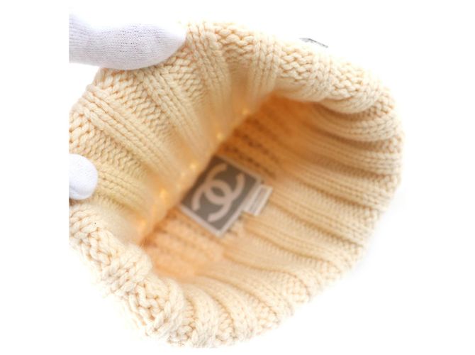Chanel Cashmere COCO Mark Strickmütze für Damen Weiß Roh - Ansicht 6