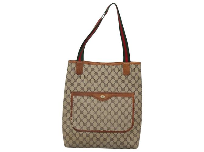 GUCCI GG Supreme Web Sherry Line Tote Bag PVC Beige Oro 39 002 4487 Auth ti3236 - vista 2