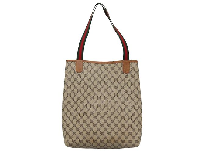 GUCCI GG Supreme Web Sherry Line Tote Bag PVC Beige Oro 39 002 4487 Auth ti3236 - vista 3