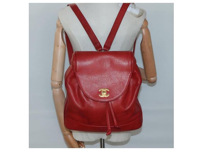 CHANEL Kaviarhaut Rucksack Kaviarhaut Rot Gold CC Auth 127574 - Ansicht 28
