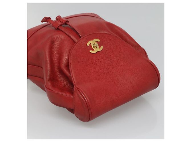 CHANEL Kaviarhaut Rucksack Kaviarhaut Rot Gold CC Auth 127574 - Ansicht 6