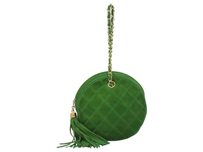 CHANEL Borsa a Mano Matelassé con Catena in Suede 2 vie Verde Oro CC Auth 127613 D'oro - vista 2