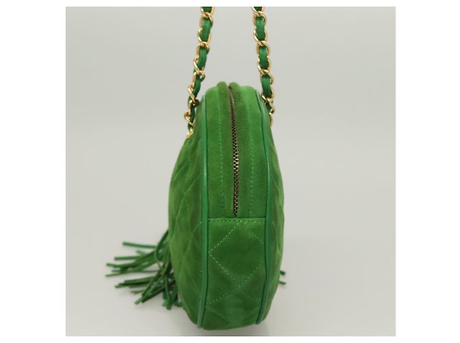 CHANEL Borsa a Mano Matelassé con Catena in Suede 2 vie Verde Oro CC Auth 127613 D'oro - vista 4