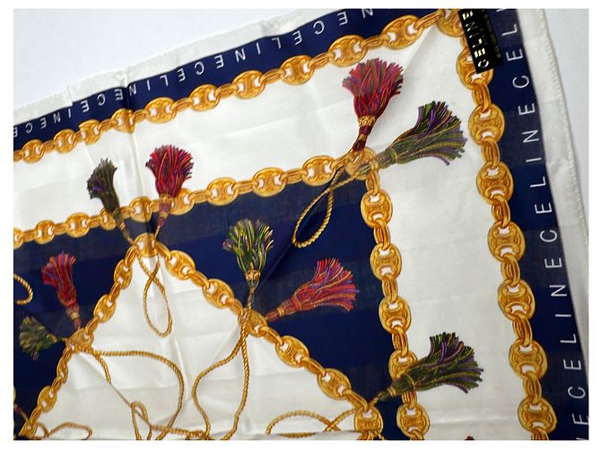 Sciarpa Céline Stampa a Catena Bianco Oro Blu Navy - vista 2