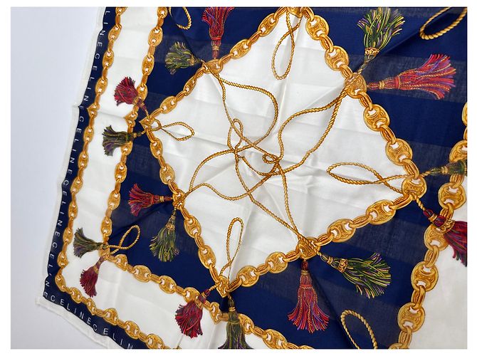 Sciarpa Céline Stampa a Catena Bianco Oro Blu Navy - vista 4