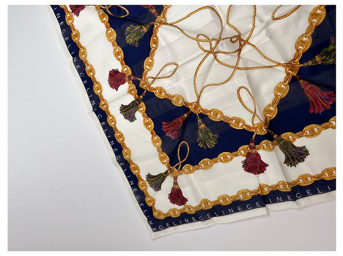 Sciarpa Céline Stampa a Catena Bianco Oro Blu Navy - vista 6