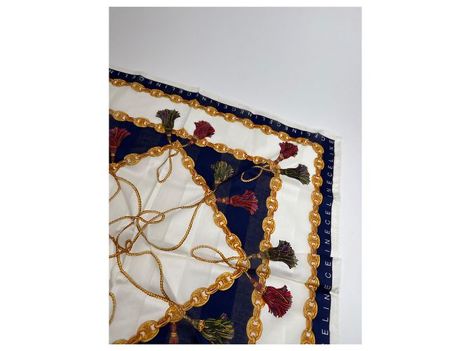 Sciarpa Céline Stampa a Catena Bianco Oro Blu Navy - vista 7