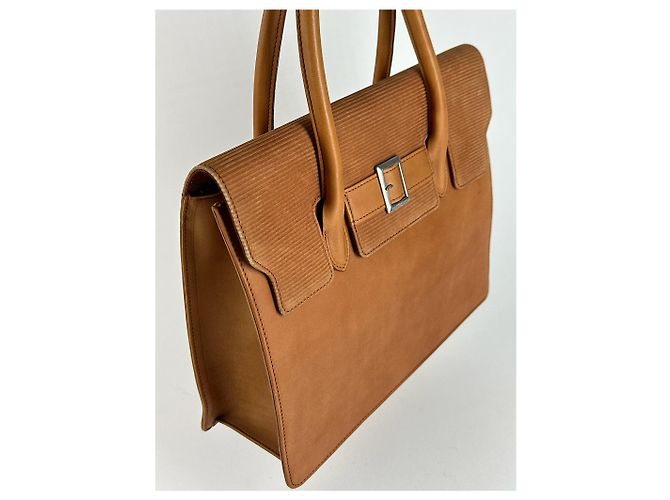Vintage Courreges Leder-Wolltasche braun - Ansicht 12