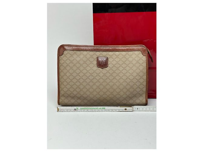 Triomphe Céline Clutch in pelle beige vintage Celine Paris - vista 11