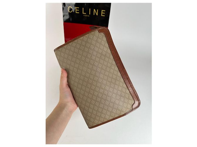 Triomphe Céline Clutch in pelle beige vintage Celine Paris - vista 5