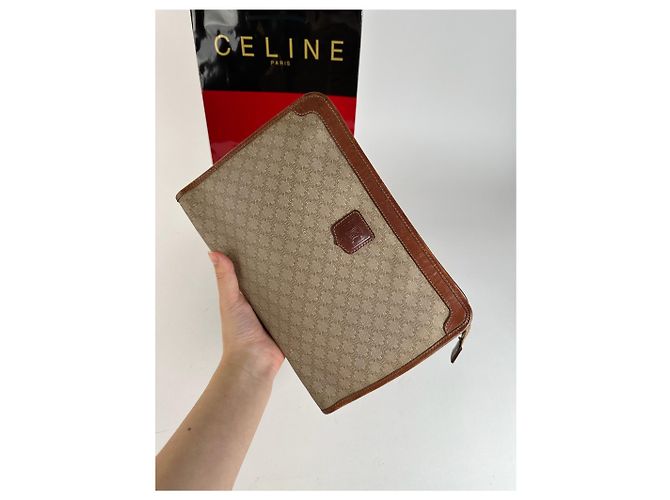 Triomphe Céline Clutch in pelle beige vintage Celine Paris - vista 7