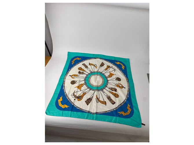 Céline Foulard in seta vintage Celine blu turchese e bianco Multicolore - vista 7