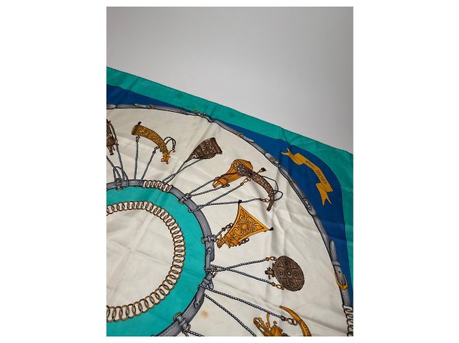 Céline Foulard in seta vintage Celine blu turchese e bianco Multicolore - vista 8