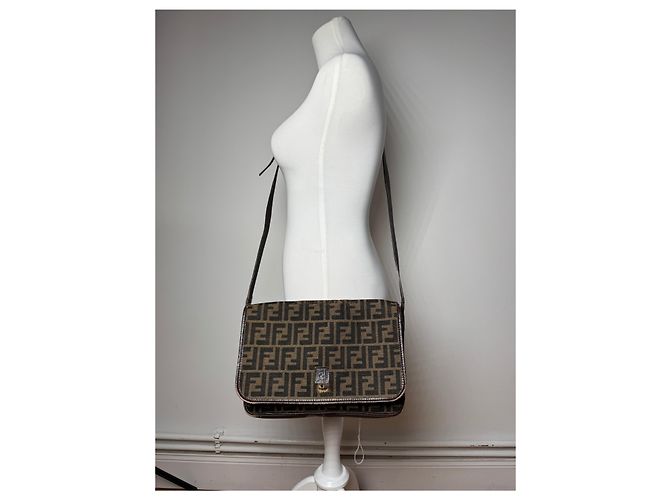 Vintage Fendi FF Monogramm Leder-Canvas-Tasche Braun - Ansicht 7