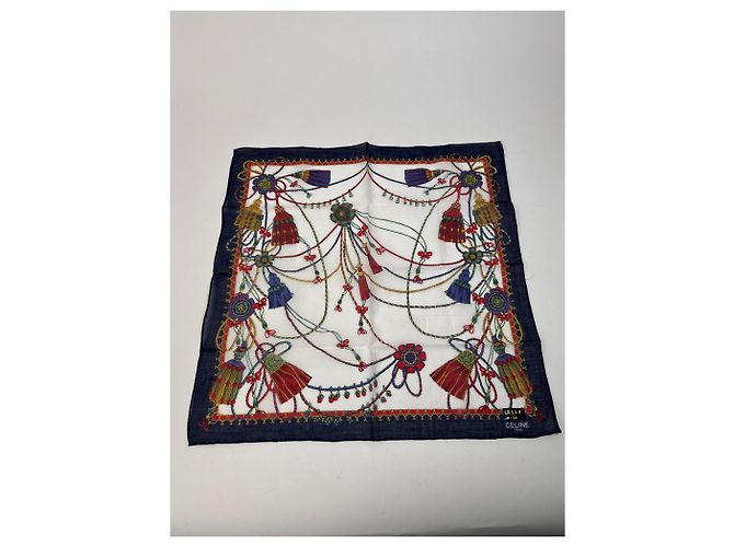 Céline Sciarpa Vintage Celine Blu Navy Bianco Multicolore - vista 9