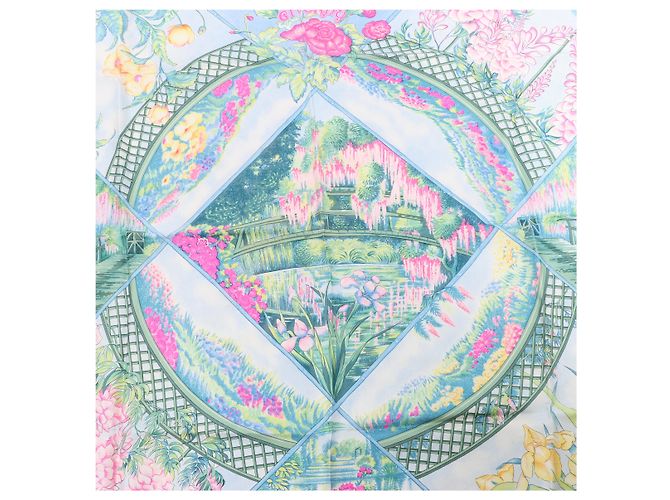 Garden Foulard Hermès Carré 90 "Giardini di Giverny" 100% Seta Blu - vista 10