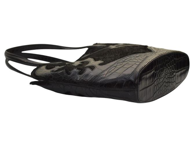 Borsa Tote Etro in Pelle Nera con Pressa Coccodrillo e Pelliccia Nero - vista 7