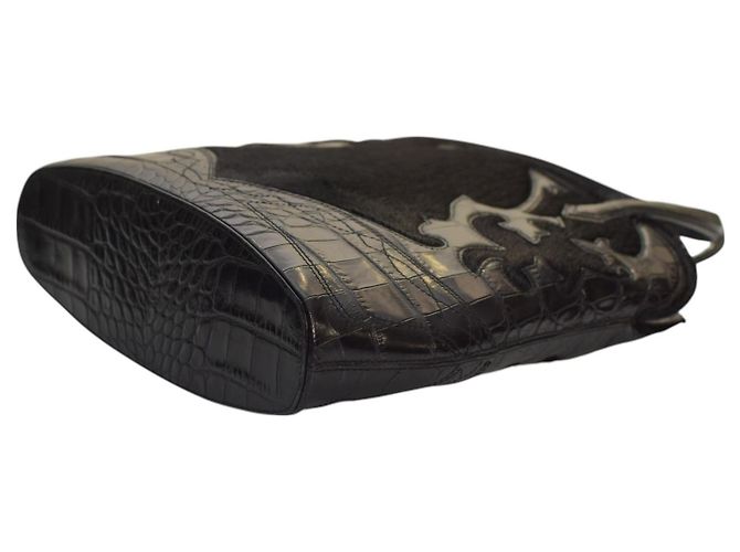 Borsa Tote Etro in Pelle Nera con Pressa Coccodrillo e Pelliccia Nero - vista 9