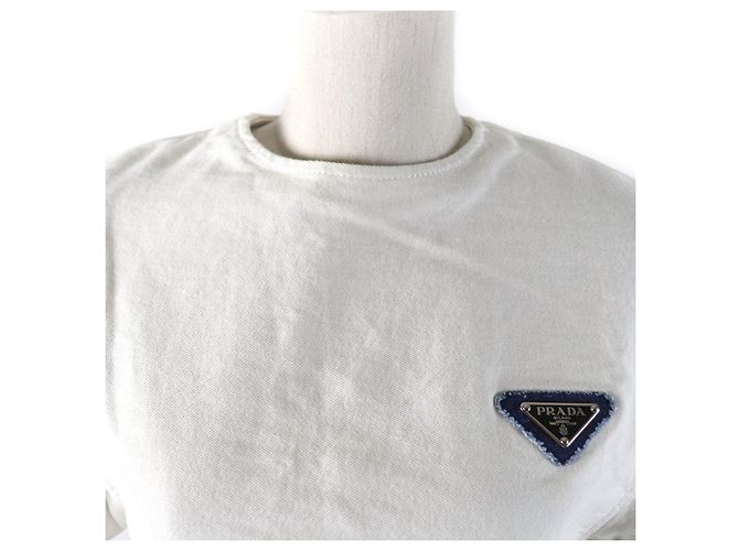 Gekürztes Denim-Top mit Prada-Logo GFT012 Weiß Blau - Ansicht 4