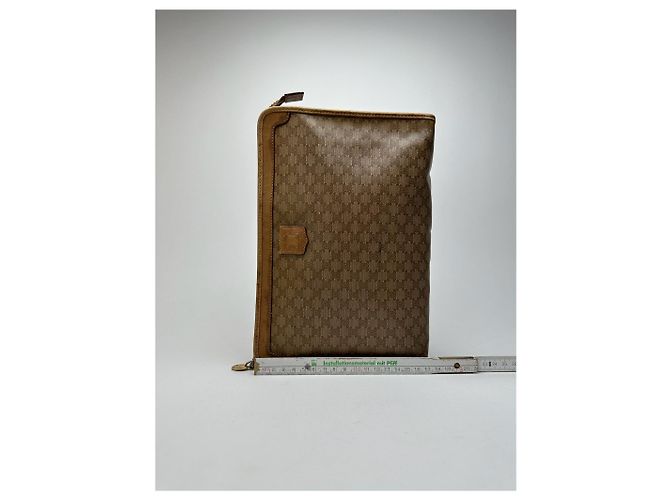 Céline Clutch Vintage Celine Paris Triomphe Monogram Beige Marrone D'oro - vista 10