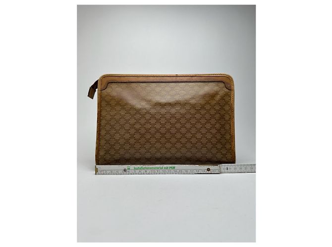 Céline Clutch Vintage Celine Paris Triomphe Monogram Beige Marrone D'oro - vista 11