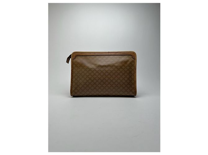 Céline Clutch Vintage Celine Paris Triomphe Monogram Beige Marrone D'oro - vista 2