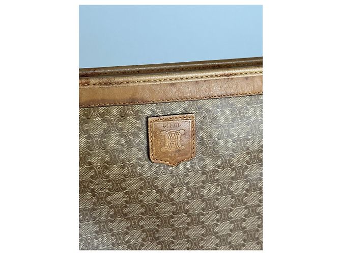 Céline Clutch Vintage Celine Paris Triomphe Monogram Beige Marrone D'oro - vista 3