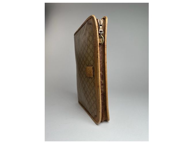 Céline Clutch Vintage Celine Paris Triomphe Monogram Beige Marrone D'oro - vista 8