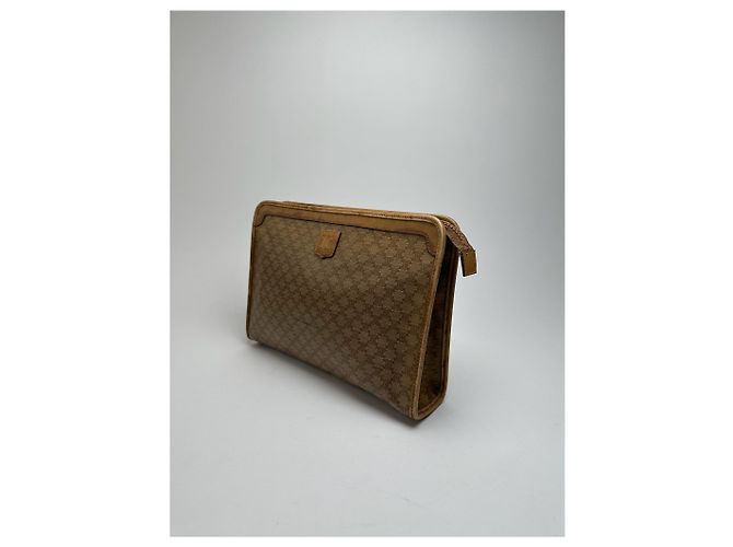 Céline Clutch Vintage Celine Paris Triomphe Monogram Beige Marrone D'oro - vista 9