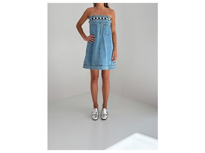 Vestido Chanel em denim azul sem alças com pérolas - vista 2