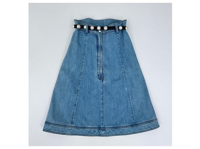 Vestido Chanel em denim azul sem alças com pérolas - vista 3