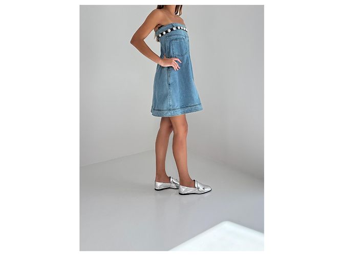 Vestido Chanel em denim azul sem alças com pérolas - vista 5