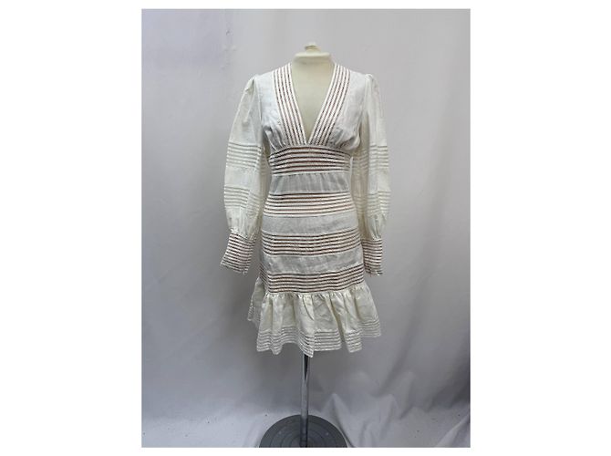 Zimmermann Mini-Kleid aus weißem Leinen mit Häkelbesatz Roh - Ansicht 9