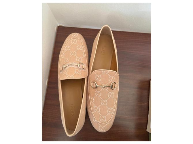 Mocassini Gucci Beige Corallo Pesca in Tela - vista 3