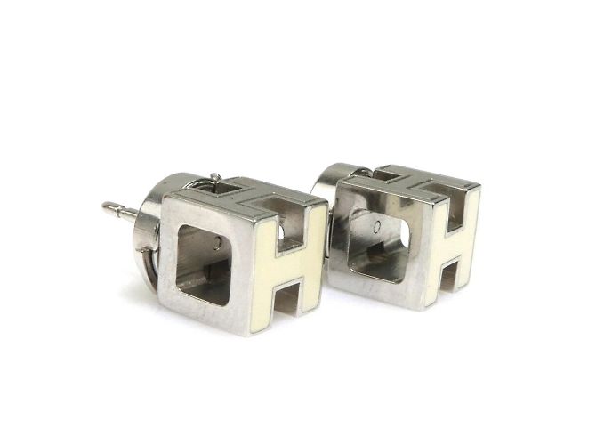 Hermès HERMES Ohrringe Cage aus H Metall Emaille Silber Off-White Aus weiß - Ansicht 2