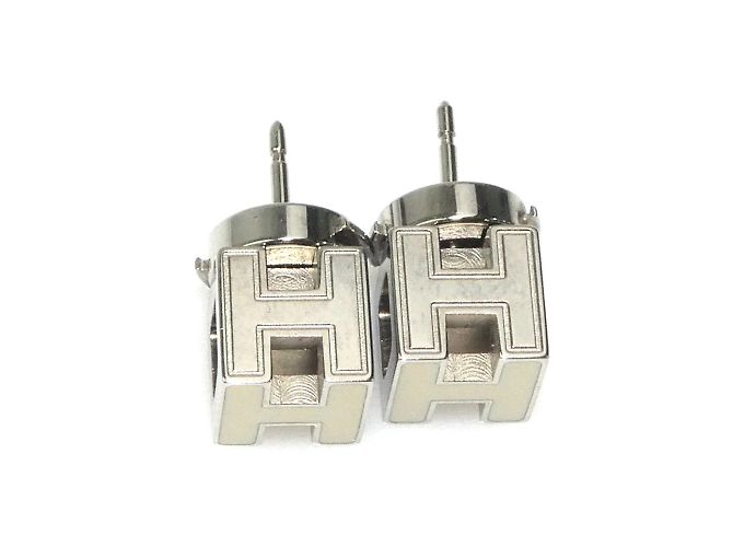 Hermès HERMES Ohrringe Cage aus H Metall Emaille Silber Off-White Aus weiß - Ansicht 3