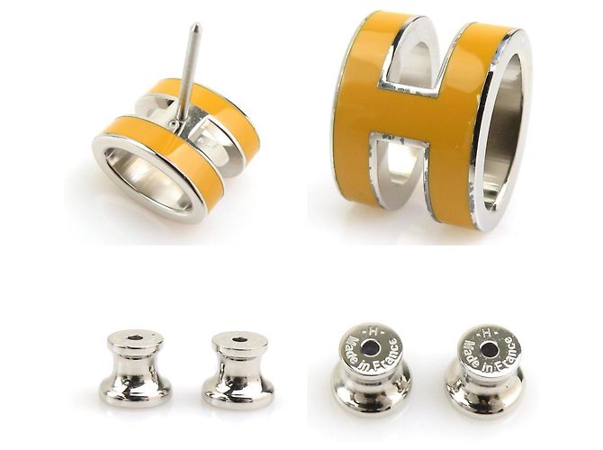 Hermès Hermes Mini Pop H Metall Emaille Ohrringe Silber Gelb - Ansicht 4