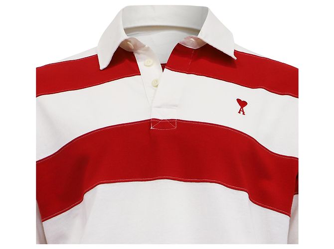 Polo a maniche lunghe Ami Striped Ami de Cœur in cotone rosso e bianco - vista 2