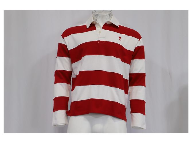 Polo a maniche lunghe Ami Striped Ami de Cœur in cotone rosso e bianco - vista 8