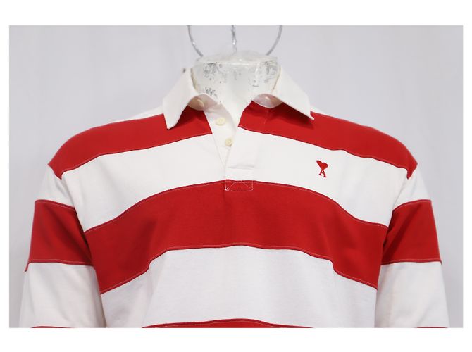 Polo a maniche lunghe Ami Striped Ami de Cœur in cotone rosso e bianco - vista 9