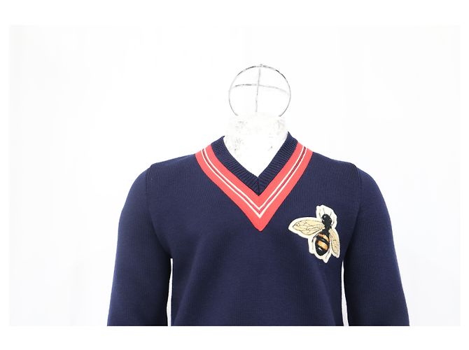 Suéter de lã azul marinho com bordado de abelha Gucci - vista 10