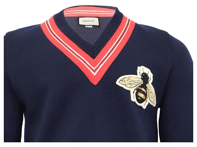 Suéter de lã azul marinho com bordado de abelha Gucci - vista 4