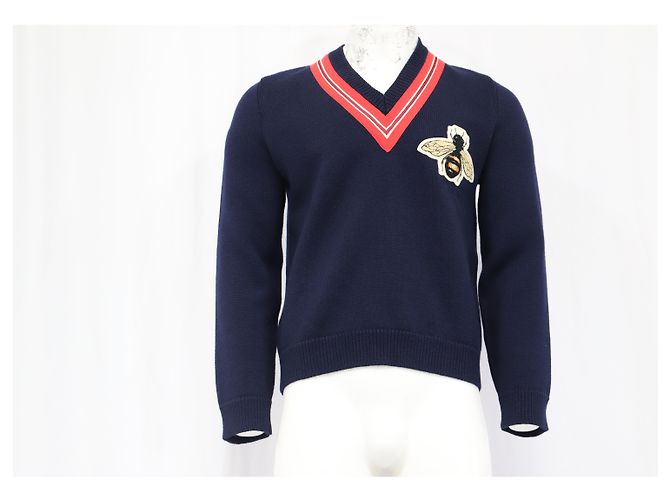 Suéter de lã azul marinho com bordado de abelha Gucci - vista 7