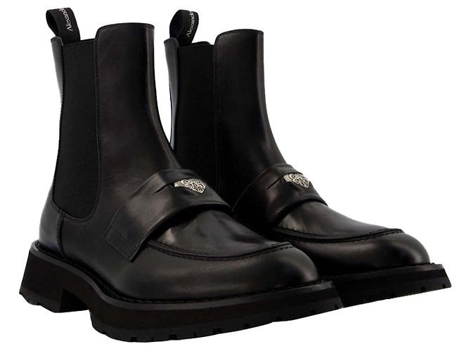 Botas Ankle Worker Punk - Alexander Mcqueen - Preto/Branco - Couro - vista 2