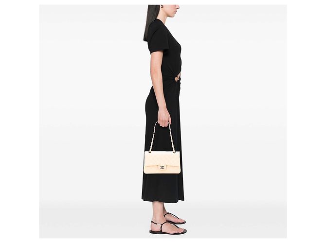 Chanel Marrone Medio Classico Caviar Doppia Patta Beige - vista 10